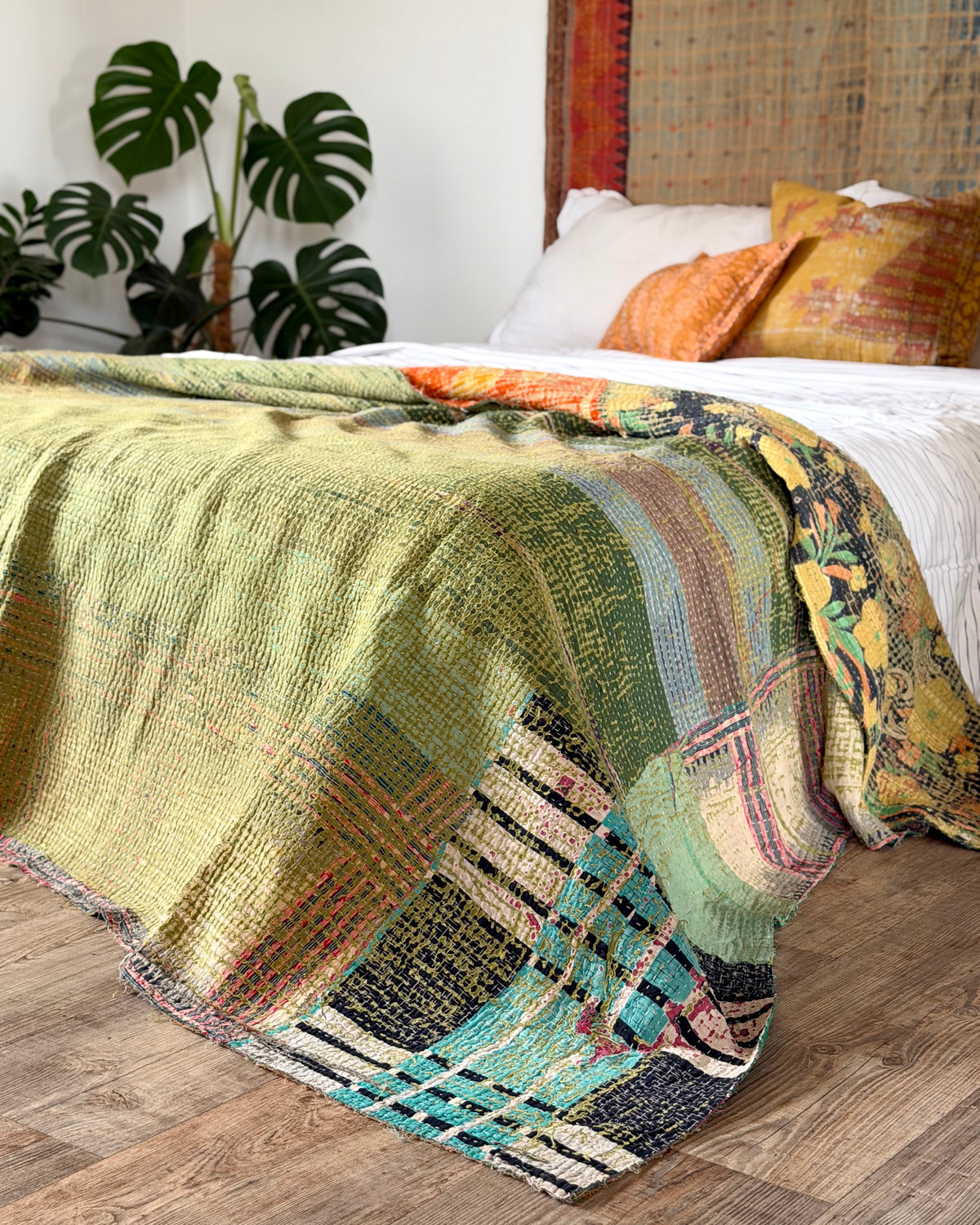 Large Textured Vintage Kantha Quilt In Green and Orange