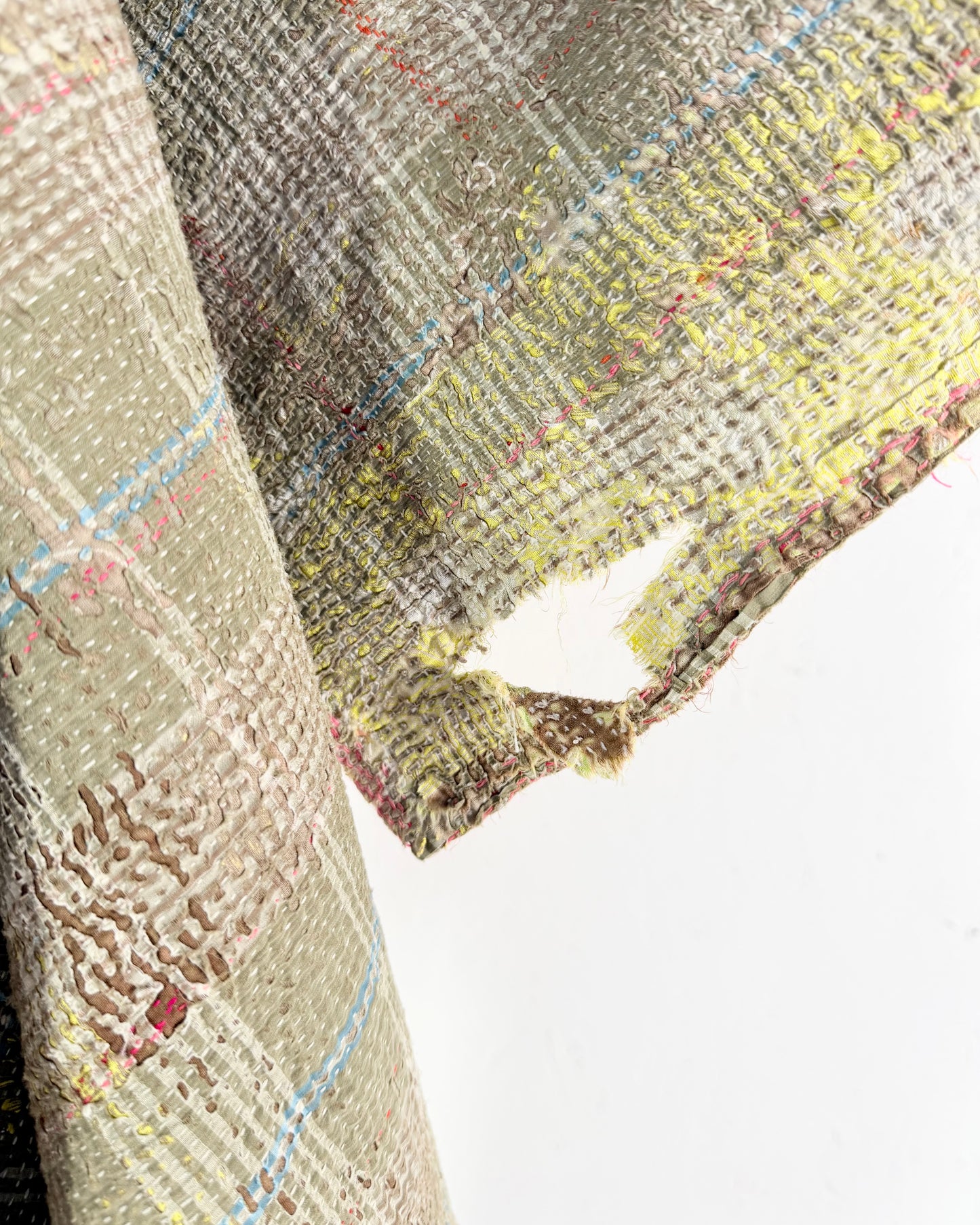 Project Kantha Quilt: Blue, Yellow and Green With Authentic Aged Texture