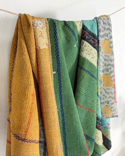 Extra Large Fine Stitched Embroidered Vintage Kantha Quilt in Green, Blue and Terracotta