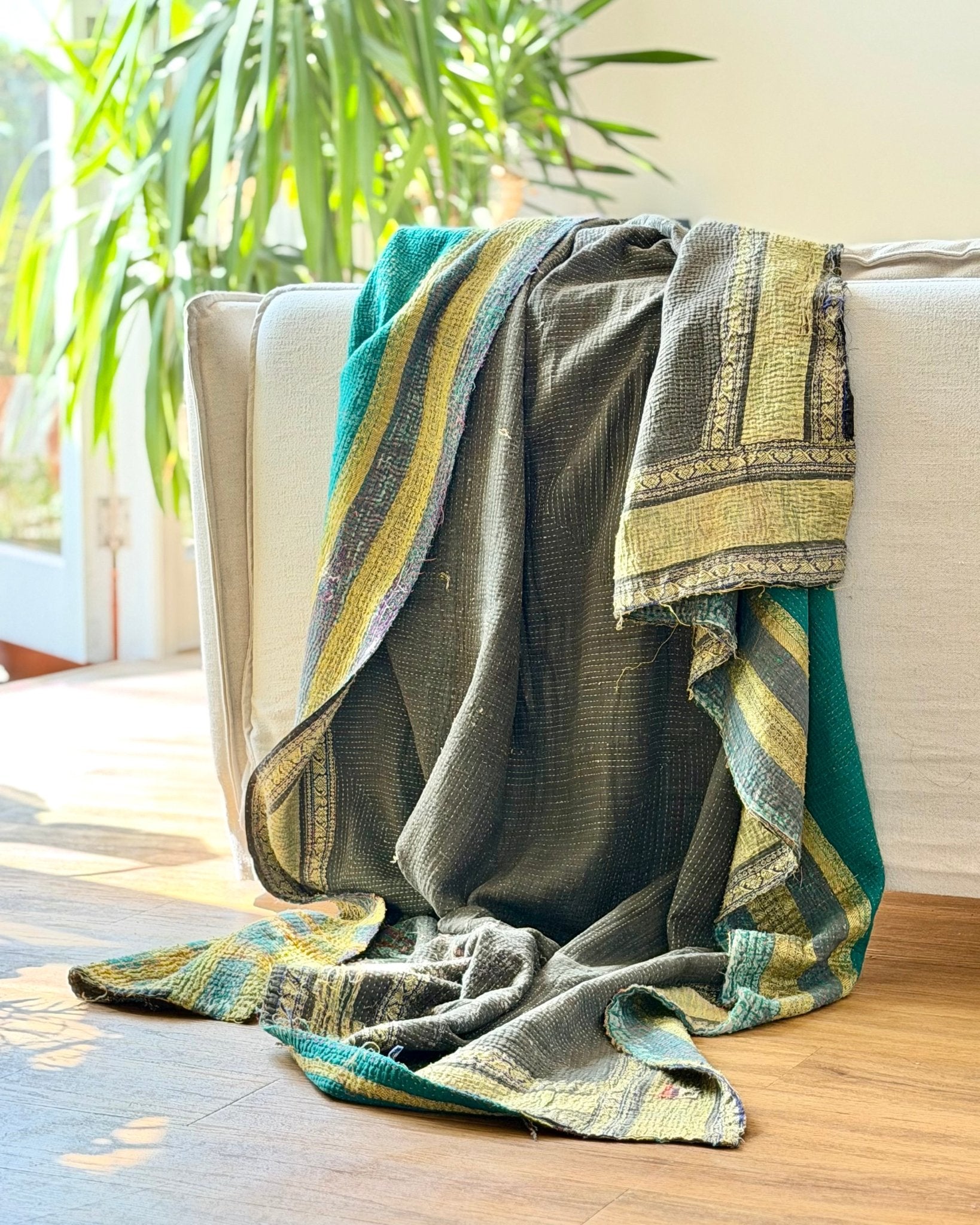 Fine Stitched Embroidered Vintage Kantha Quilt in Green and Gold - Biggs & Hill