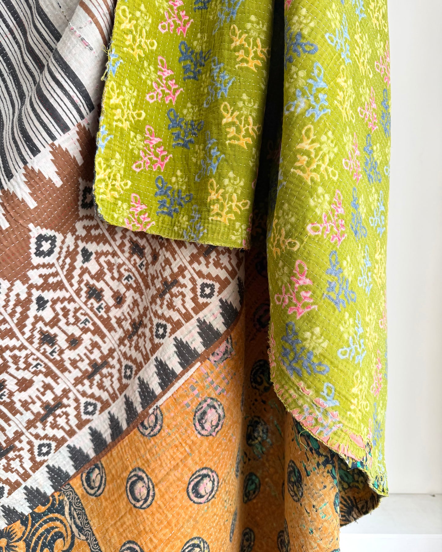 Extra Large Fine Stitched Vintage Kantha Quilt in Vibrant Green and Blue