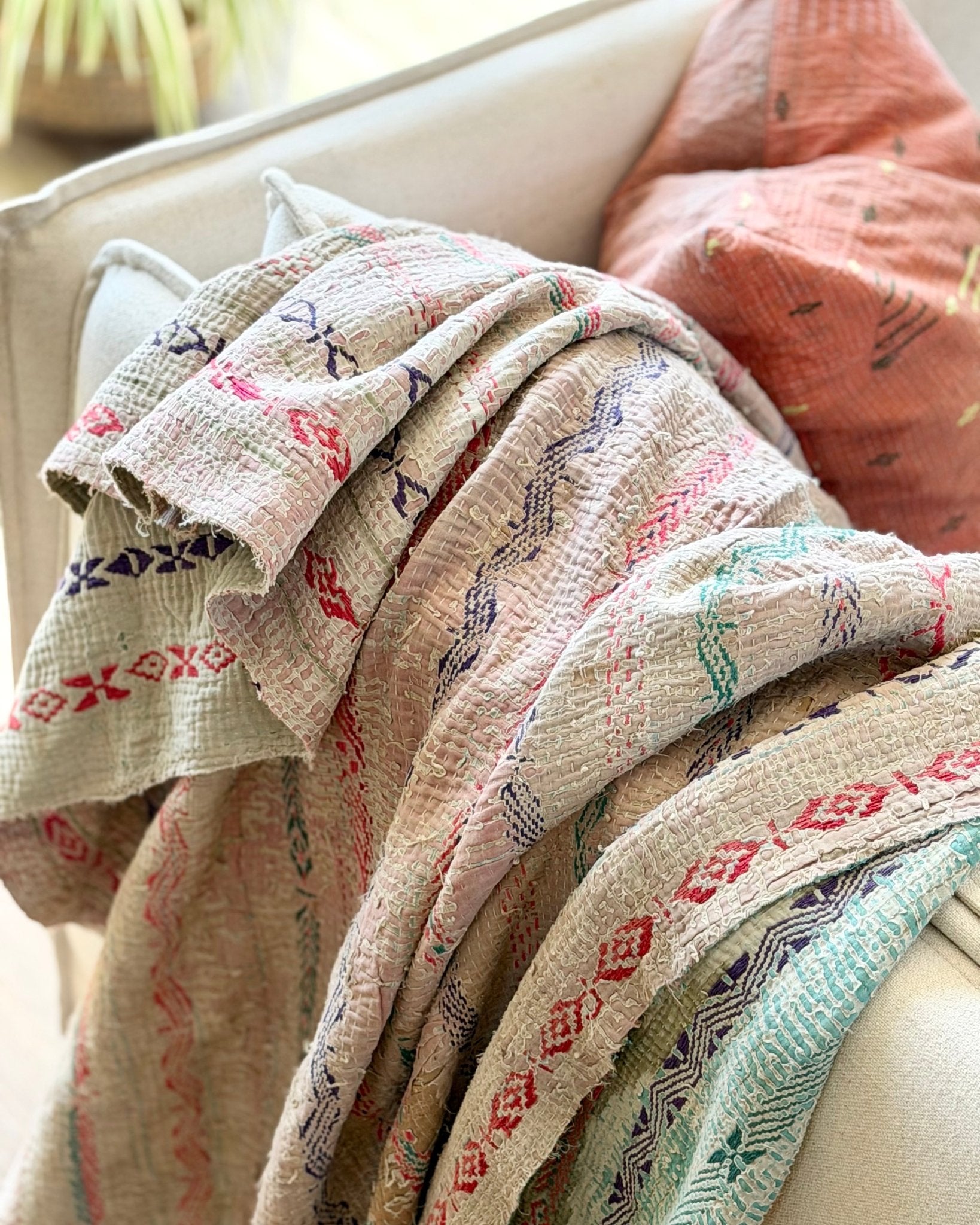 Embroidered and Textured Vintage Kantha Quilt In Green and Light Pink - Biggs & Hill