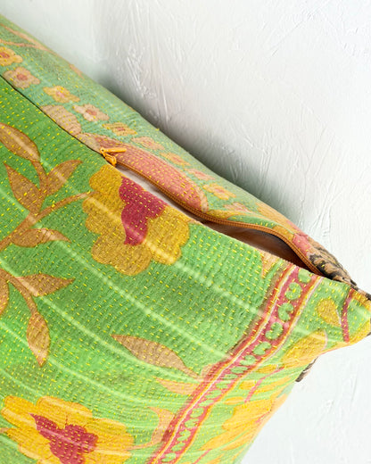 Handmade Vintage Kantha Cushion Cover In Green and Yellow - 45cm (18") Square
