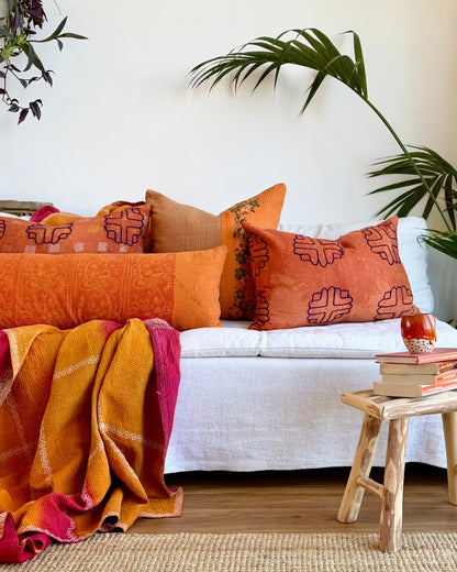 Vintage Kantha Cushion In Terracotta 03 - Large Rectangular - Biggs & Hill