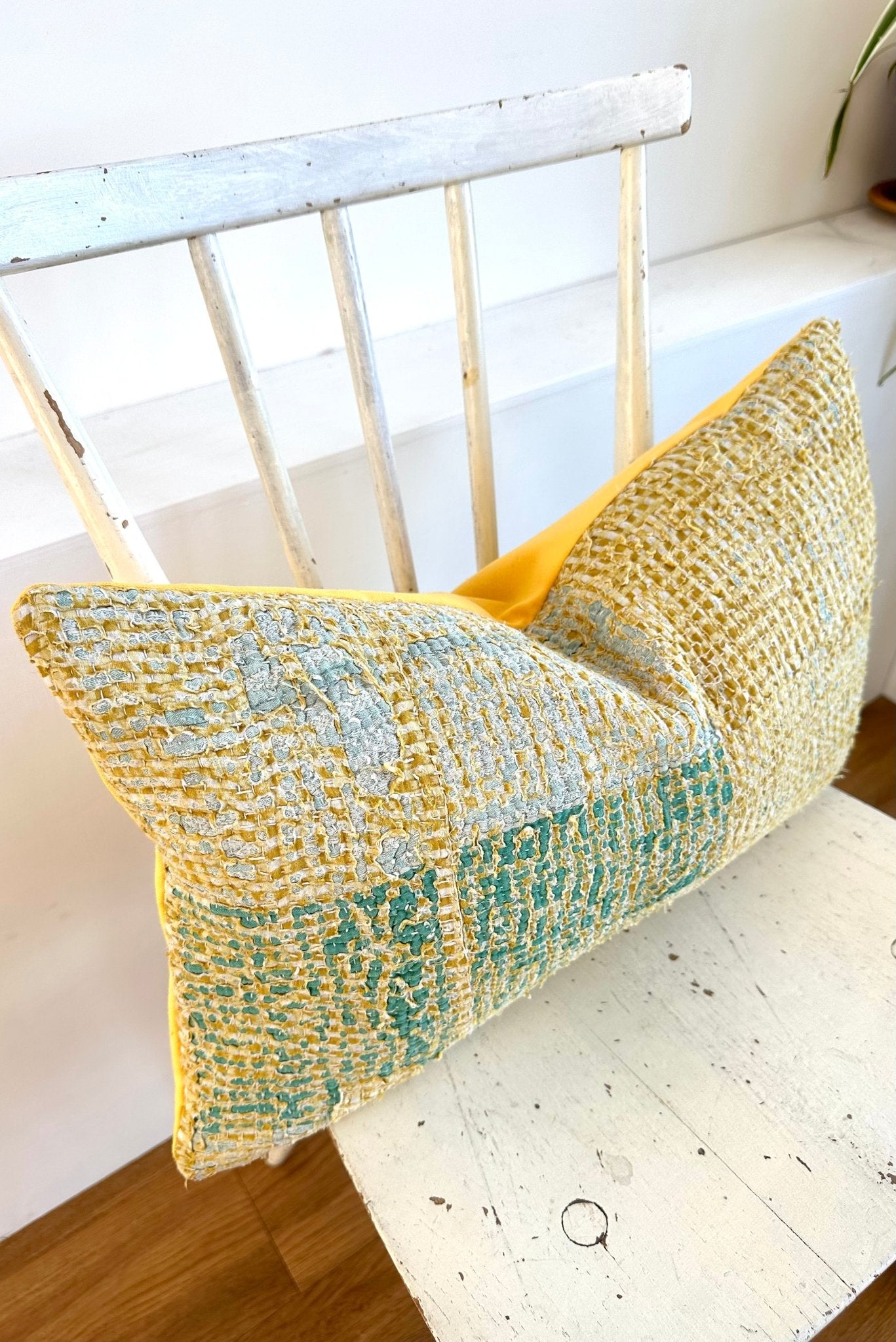 Vintage Kantha Cushion In Yellow 03 - Small Rectangular - Biggs & Hill
