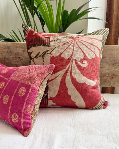 Vintage Kantha Cushion In Green and Pink- 45cm Square