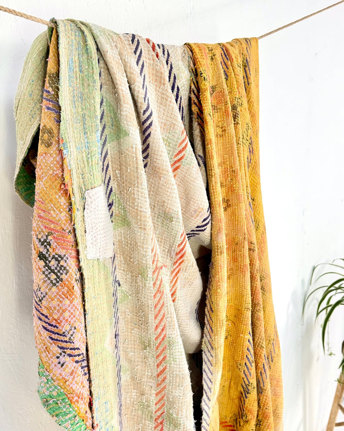 Large Embroidered Vintage Kantha Quilt in Yellow and Light Green - Biggs & Hill
