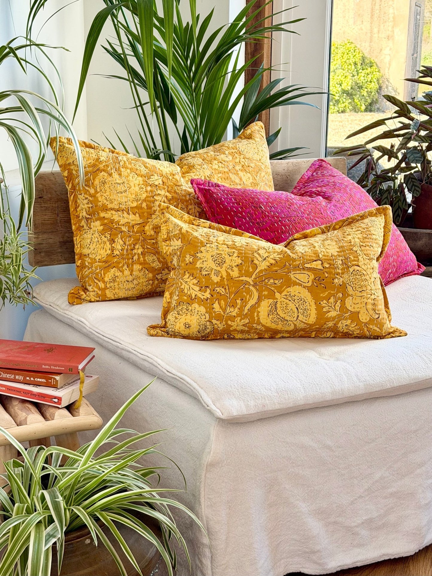 Sunshine Yellow Floral Block Printed Hand Stitched Rectangular Kantha Cushion - Biggs & Hill
