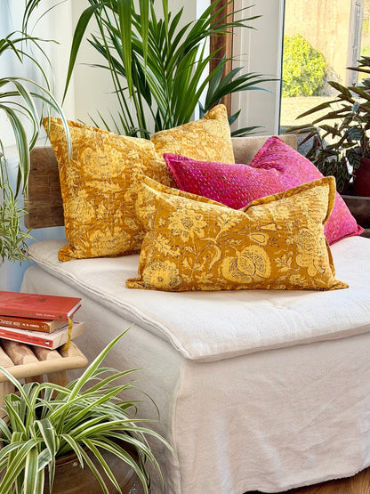 Sunshine Yellow Floral Block Printed Hand Stitched Rectangular Kantha Cushion - Biggs & Hill