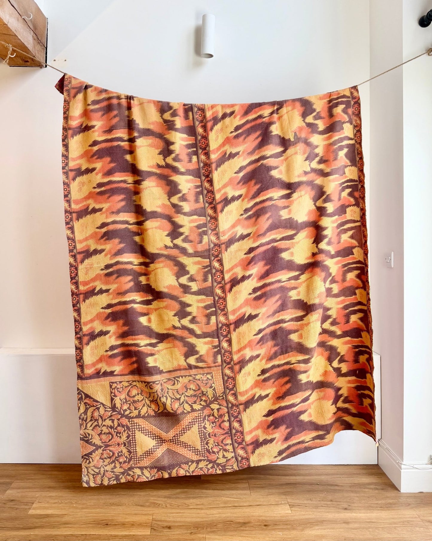 Large Fine Stitched Vintage Kantha Quilt With Yellow and Brown Flame Pattern - Biggs & Hill