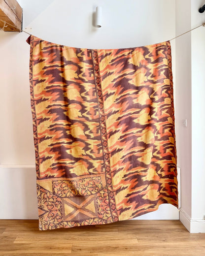 Large Fine Stitched Vintage Kantha Quilt With Yellow and Brown Flame Pattern - Biggs & Hill