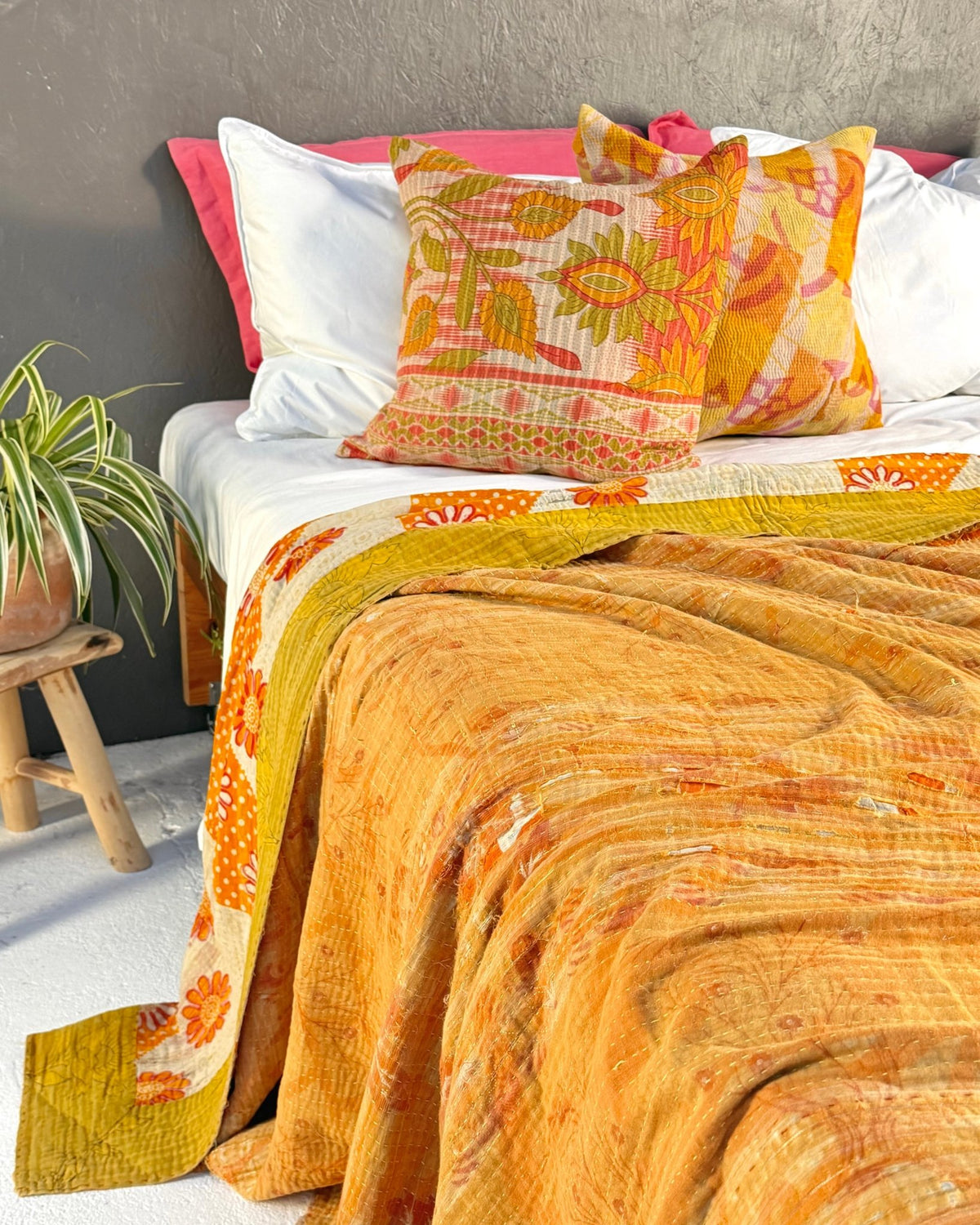 Large Fine Stitched Vintage Kantha Quilt in Yellow and Orange - Biggs & Hill