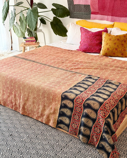 Large Fine Stitched Vintage Kantha Quilt in Pinks, Burgundy and Yelllows - Biggs & Hill