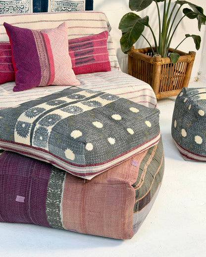 Large Square Kantha Floor Cushion Cover In Blue and Purple Stripe