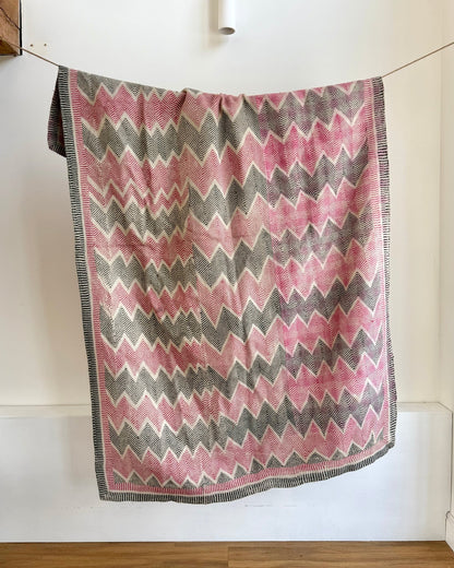 Heavy Vintage Lohori Kantha Quilt in Deep Pink and Black Zig Zags - Biggs & Hill