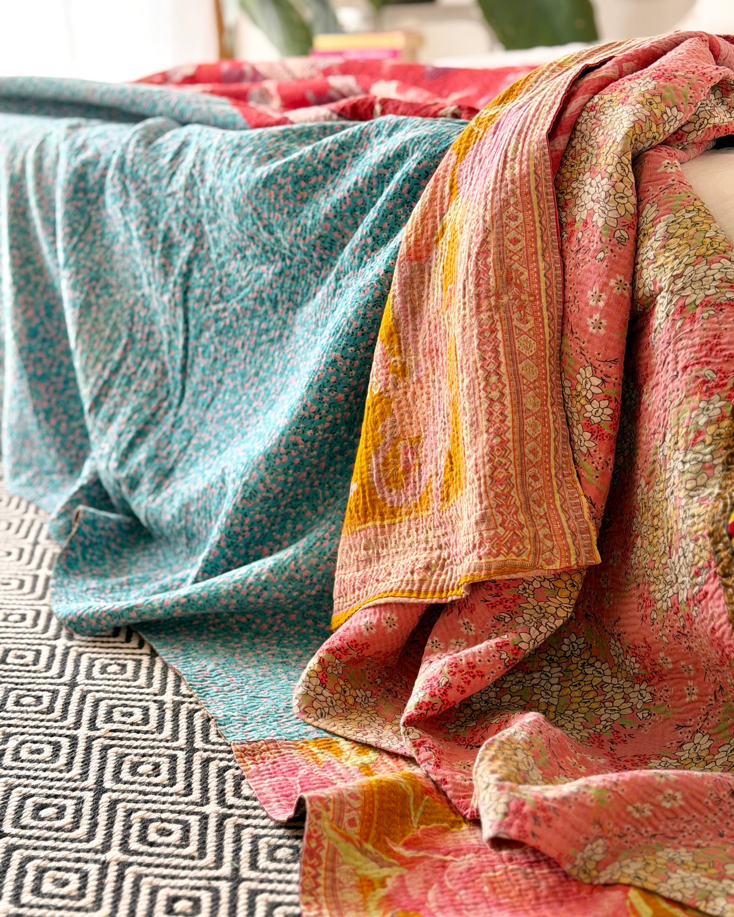 Extra Large Large Fine Stitched Vintage Kantha Quilt in Vibrant Pink, Turquoise, Mustard and Red