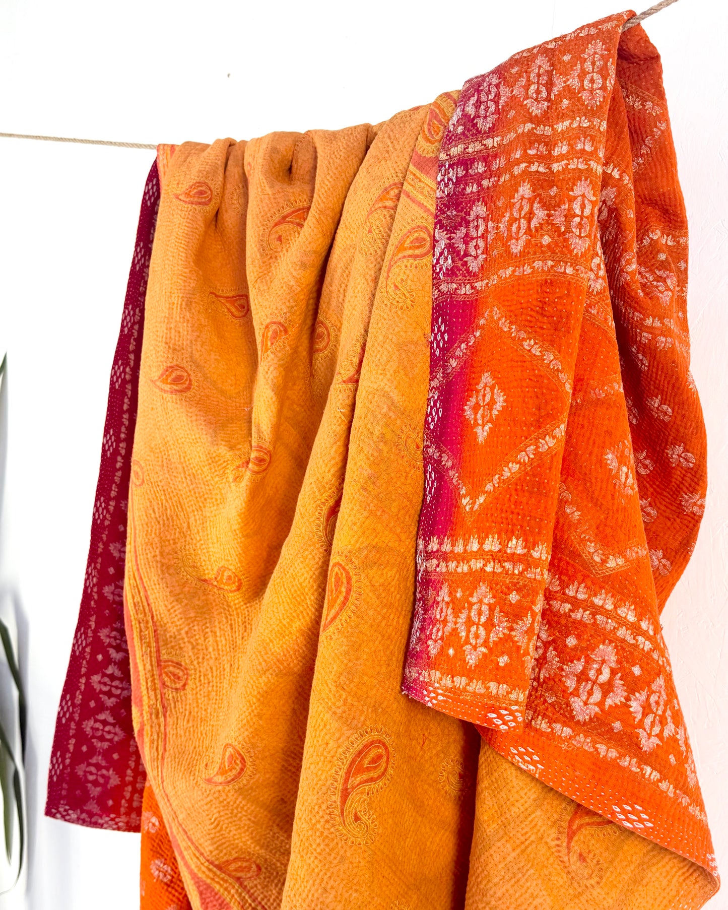 Extra Large Fine Stitched Vintage Kantha Quilt in Yellow and Orange
