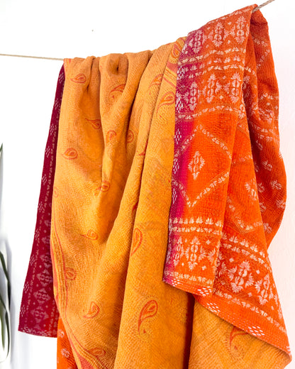 Extra Large Fine Stitched Vintage Kantha Quilt in Yellow and Orange