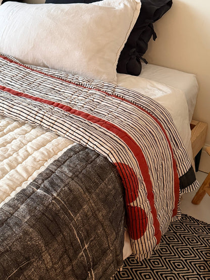 Quilted Kantha With Sun Pattern In Black, White and Red - KING - Biggs & Hill