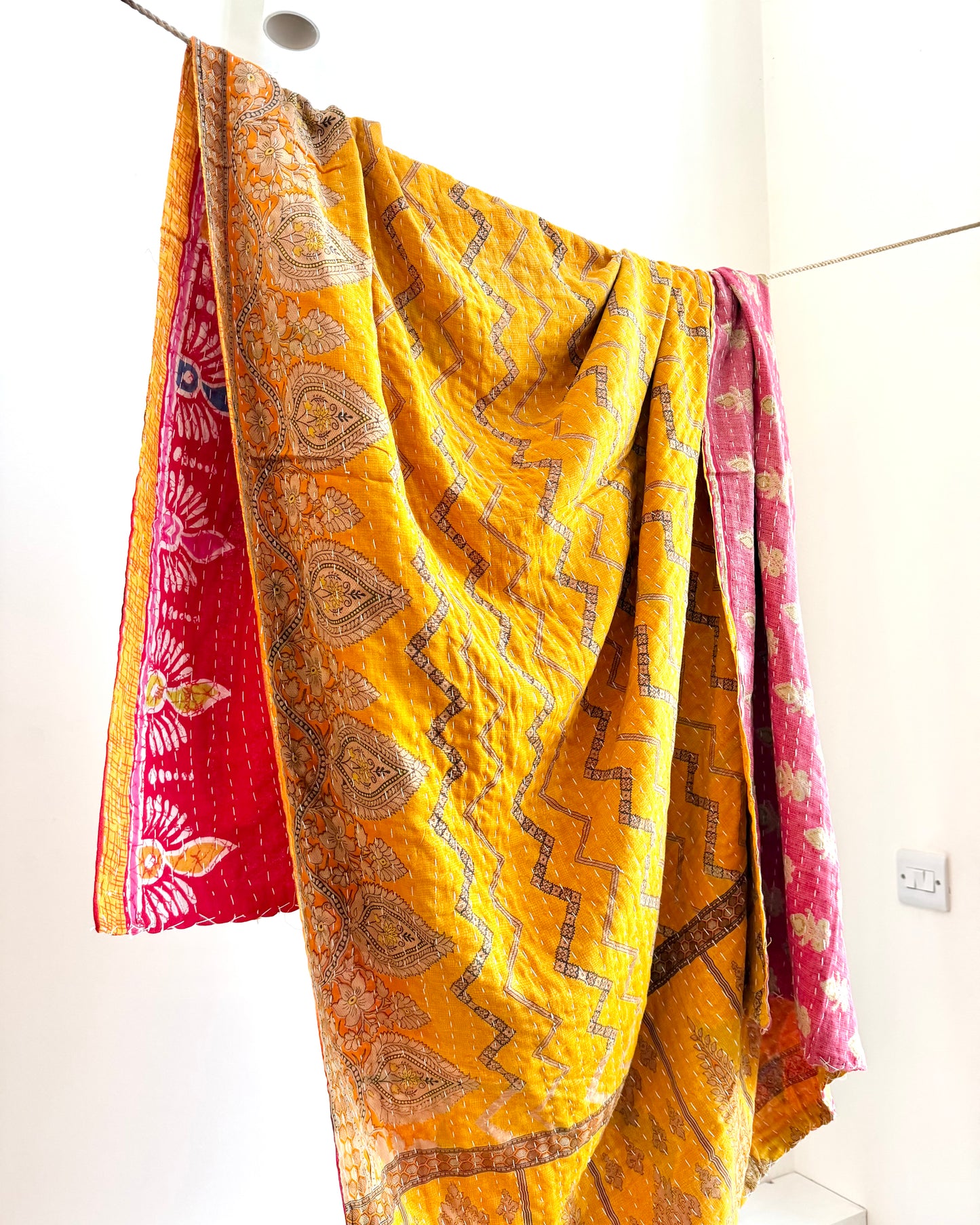 Vintage Cotton Kantha Quilt In Yellow and Red #43