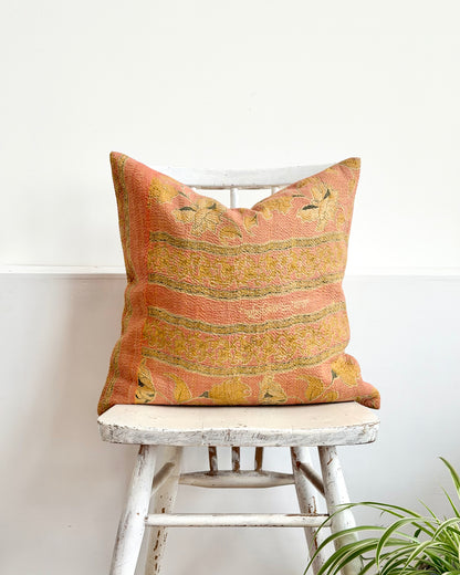 Vintage Kantha Cushion With Yellow Flowers - 45cm Square