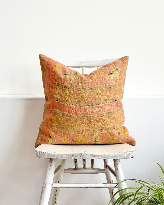 Vintage Kantha Cushion With Yellow Flowers - 45cm Square