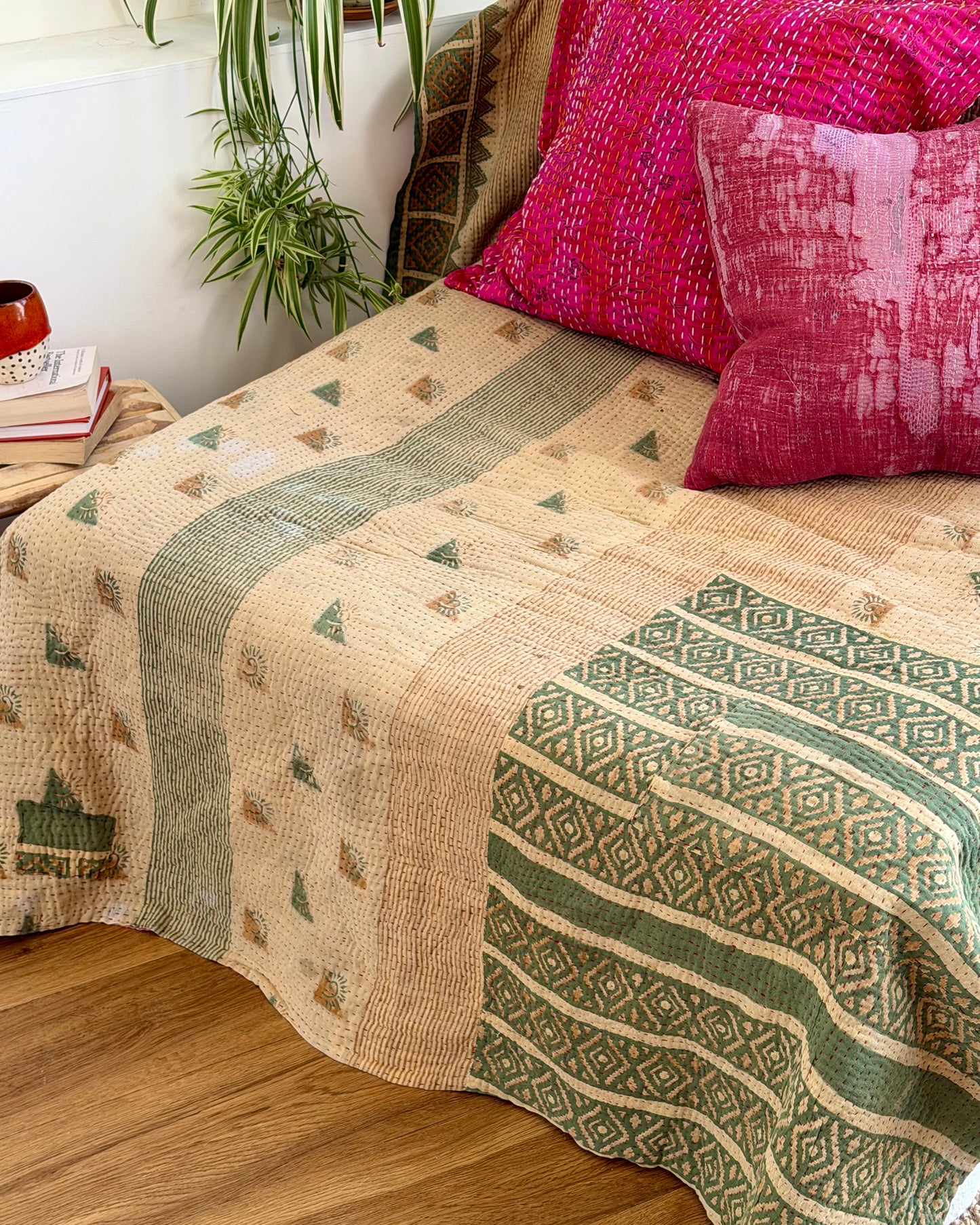 Fine Stitched Vintage Kantha Quilt in Super Soft Pink and Olive Green