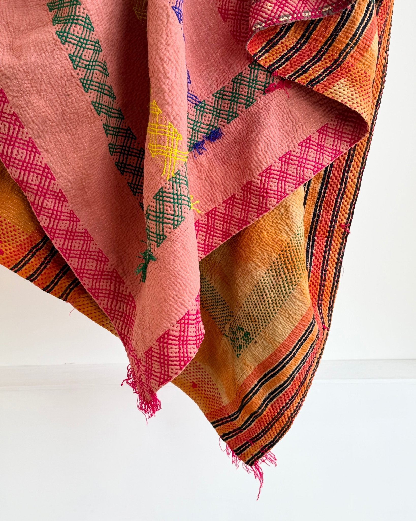 Large Embroidered Vintage Kantha Quilt in Pink and Orange - Biggs & Hill