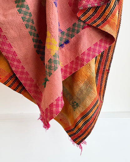 Large Embroidered Vintage Kantha Quilt in Pink and Orange - Biggs & Hill
