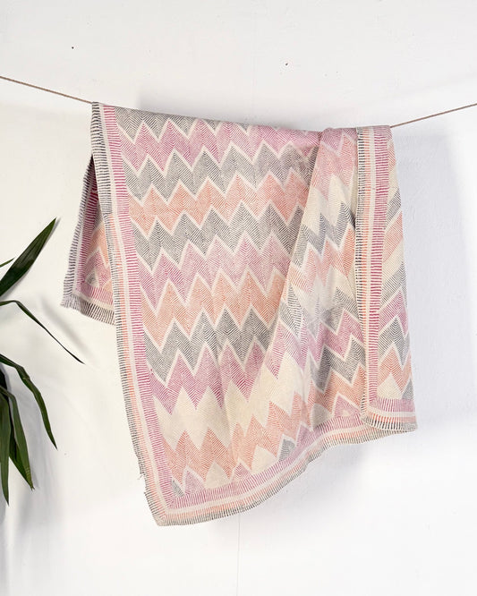 Heavy Vintage Lohori Kantha Quilt in Pink and Yellow Zig Zags - Biggs & Hill