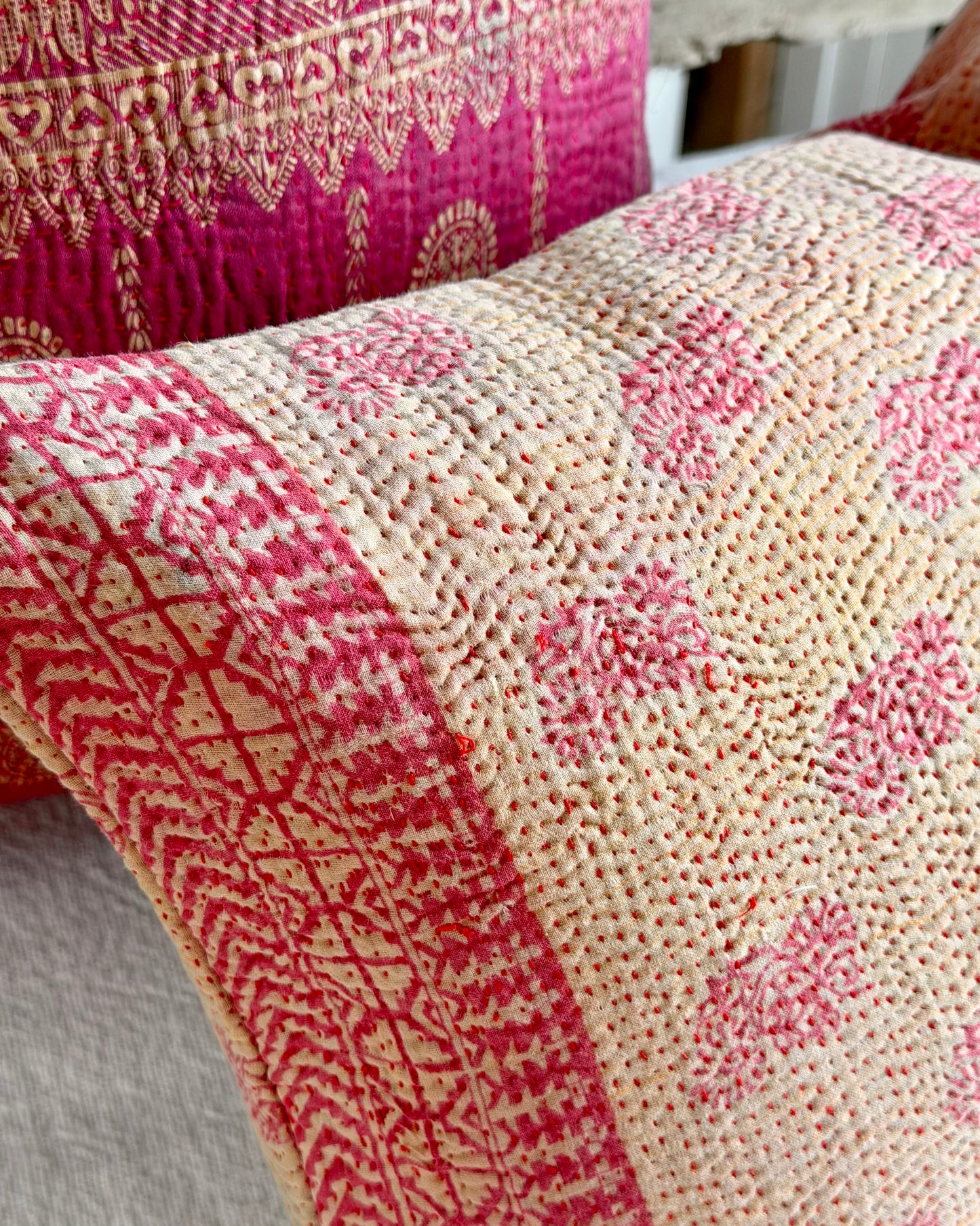 Vintage Kantha Cushion In Pink and Beige - Small Rectangular