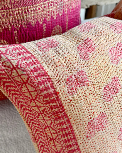 Vintage Kantha Cushion In Pink and Beige - Small Rectangular