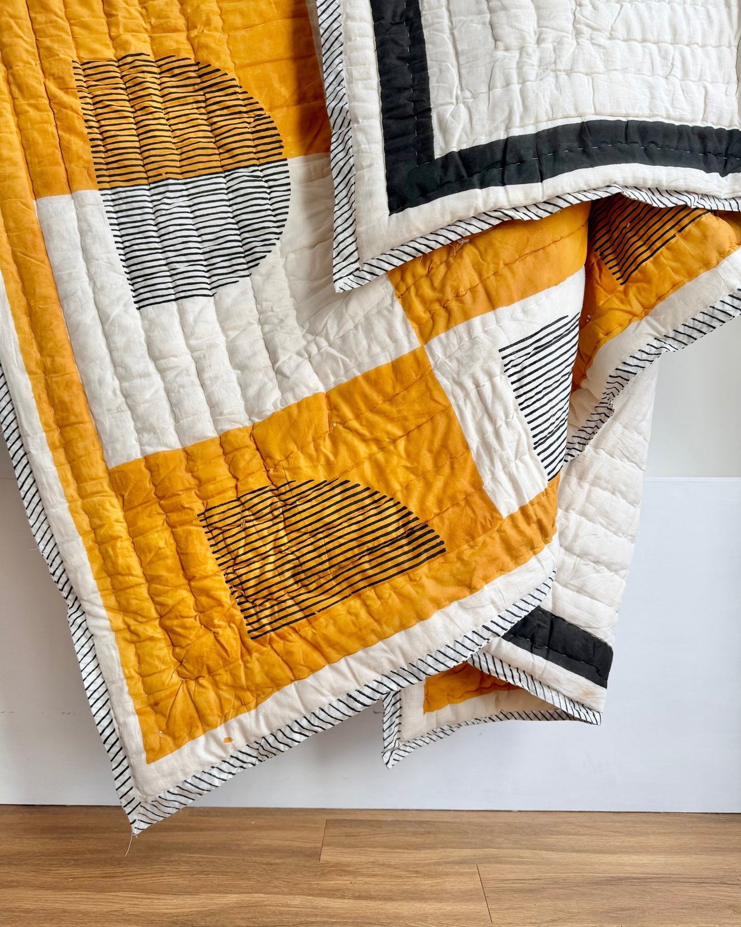 Quilted Kantha In Black, White and Orange With Geometric Squares - SUPER KING - Biggs & Hill