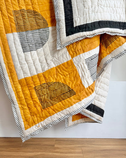 Quilted Kantha In Black, White and Orange With Geometric Squares - SUPER KING - Biggs & Hill