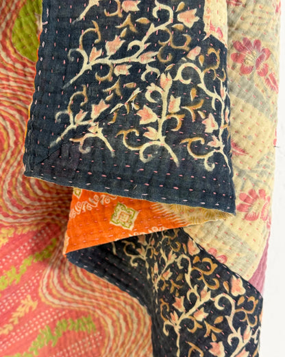 Large Fine Stitched Vintage Kantha Quilt in Orange, Green, Lilac and Yellow - Biggs & Hill
