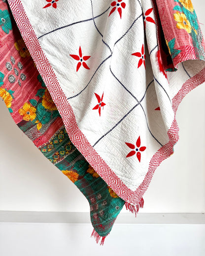Large Embroidered Vintage Kantha Quilt in White With Red Flower Pattern - Biggs & Hill