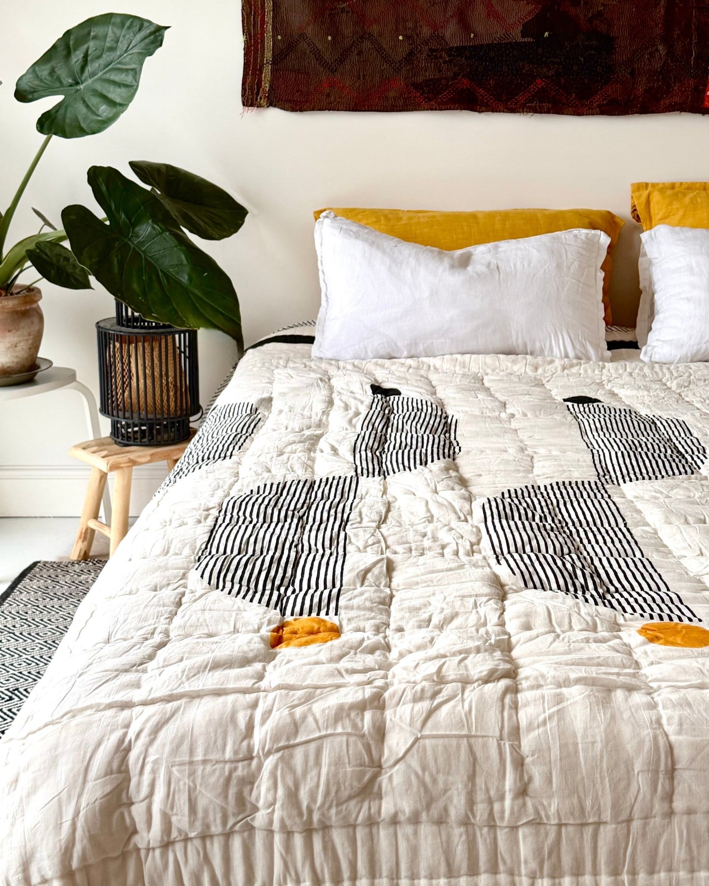 Quilted Kantha In Black, White and Orange With Geometric Squares - SUPER KING - Biggs & Hill