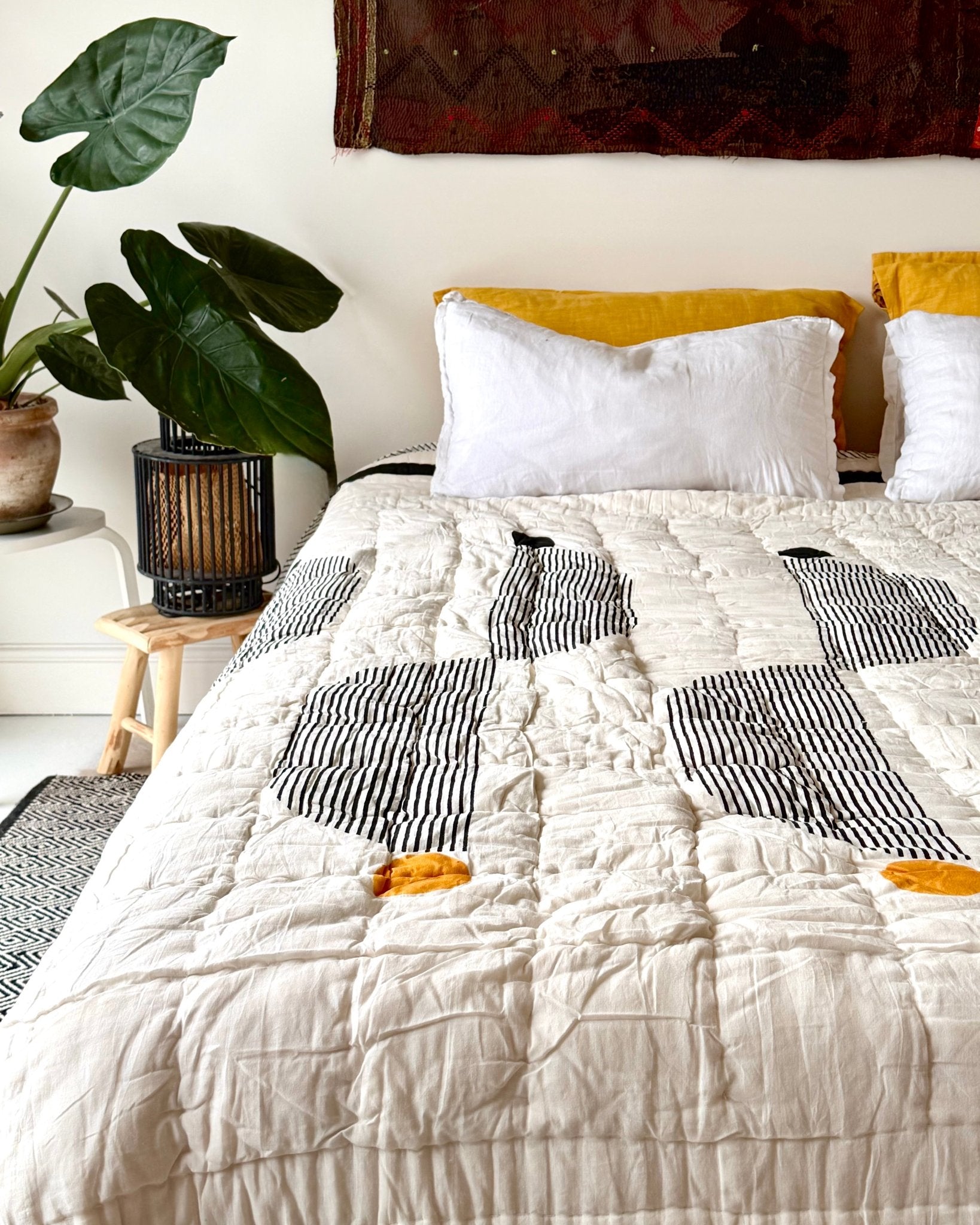 Quilted Kantha In Black, White and Orange With Geometric Squares - SUPER KING - Biggs & Hill