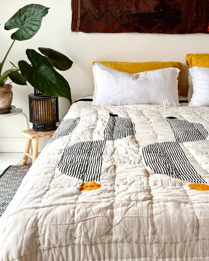 Quilted Kantha In Black, White and Orange With Geometric Squares - SUPER KING - Biggs & Hill