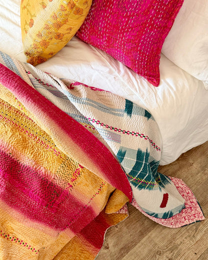 Heavy Fine Stitched Embroidered Vintage Kantha Quilt in Yellow, Pink and Blue - Biggs & Hill