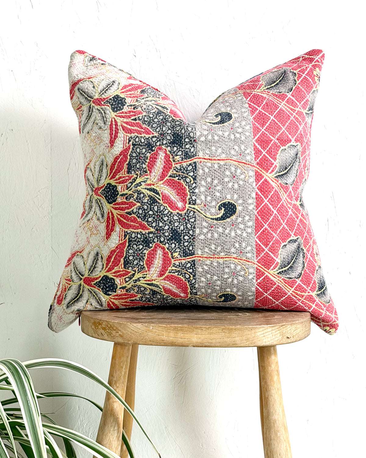Handmade Vintage Kantha Cushion Cover In Red and Blue - 45cm (18") Square
