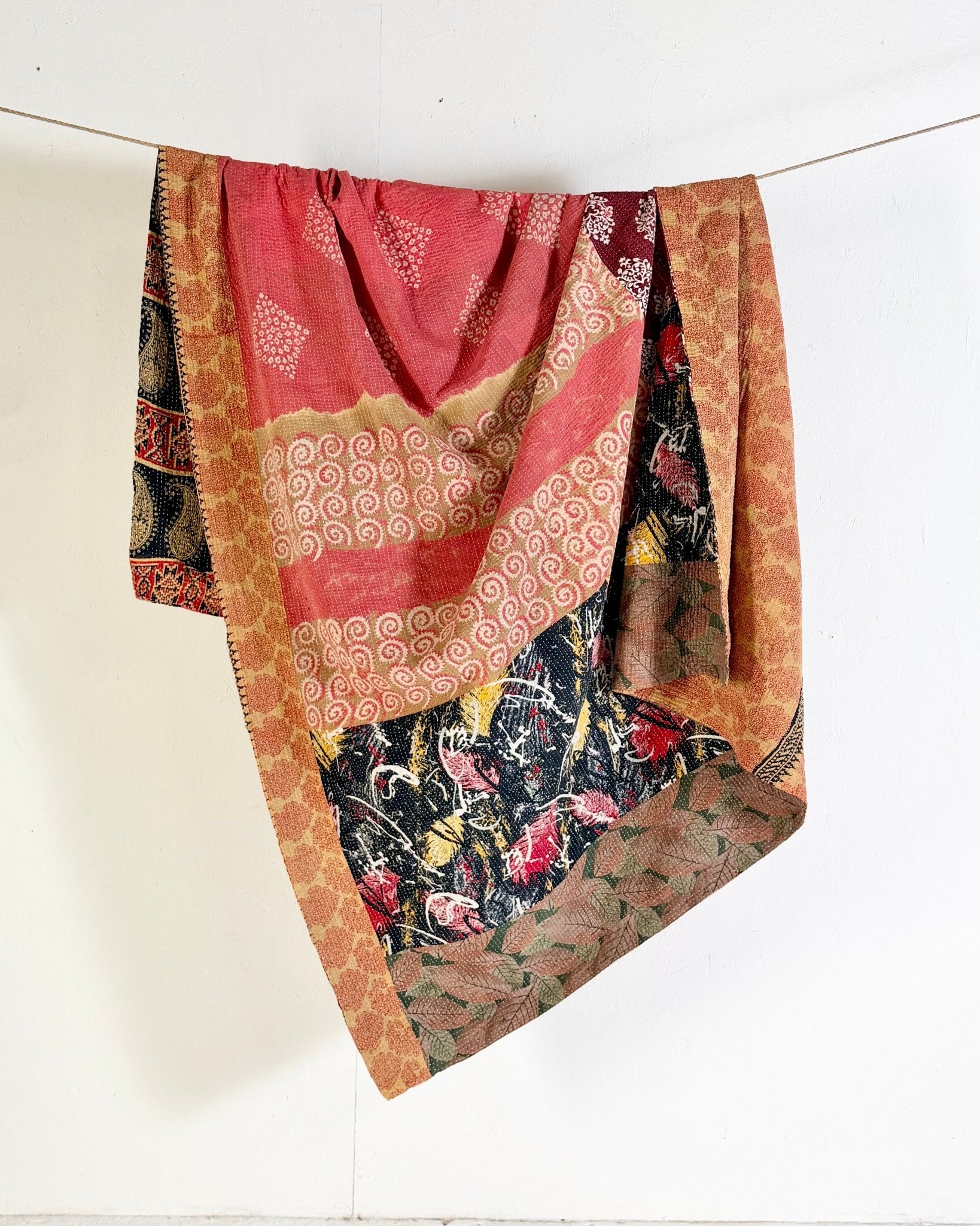 Large Fine Stitched Vintage Kantha Quilt in Pinks, Burgundy and Yelllows - Biggs & Hill
