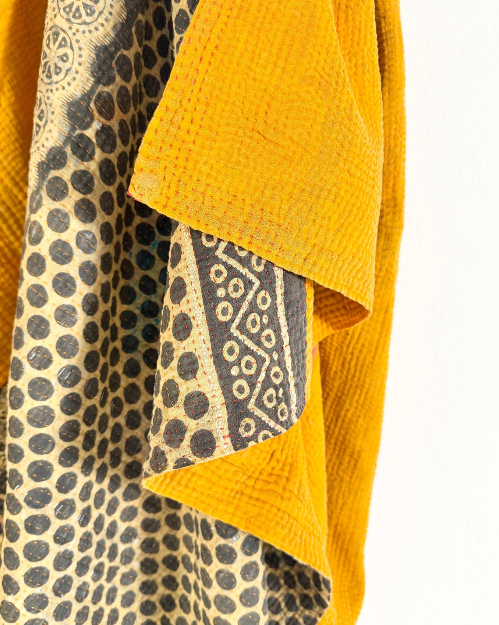 Fine Stitched Vintage Kantha Quilt in Vibrant Pink and Yellow with Dot Pattern - Biggs & Hill