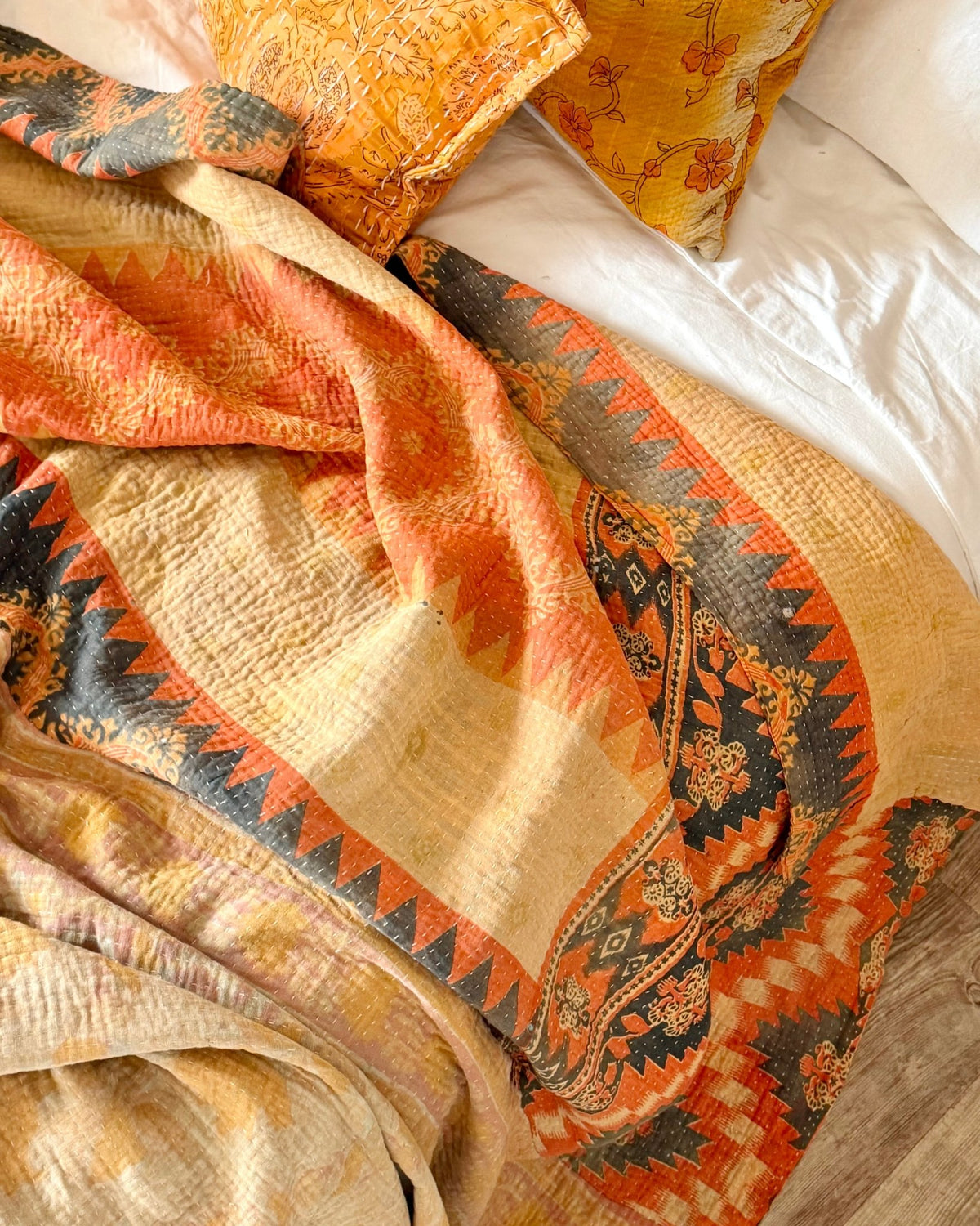 Fine Stitched Vintage Kantha Quilt in Beige and Orange Zig Zags - Biggs & Hill