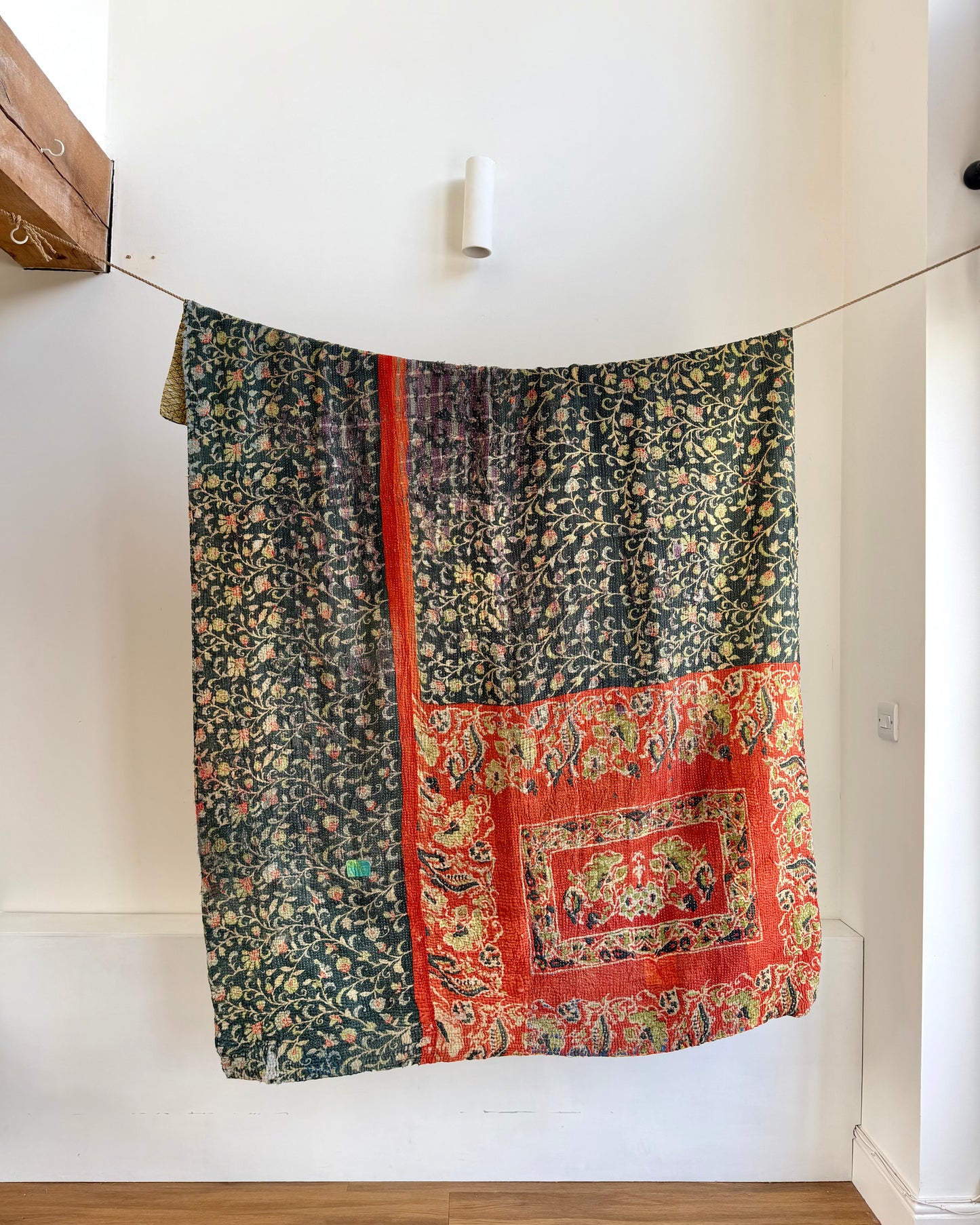 Hand Block Printed Fine Stitched Vintage Kantha Quilt In Muted Blue-Green and Orange