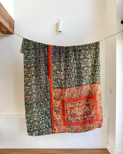 Hand Block Printed Fine Stitched Vintage Kantha Quilt In Muted Blue-Green and Orange