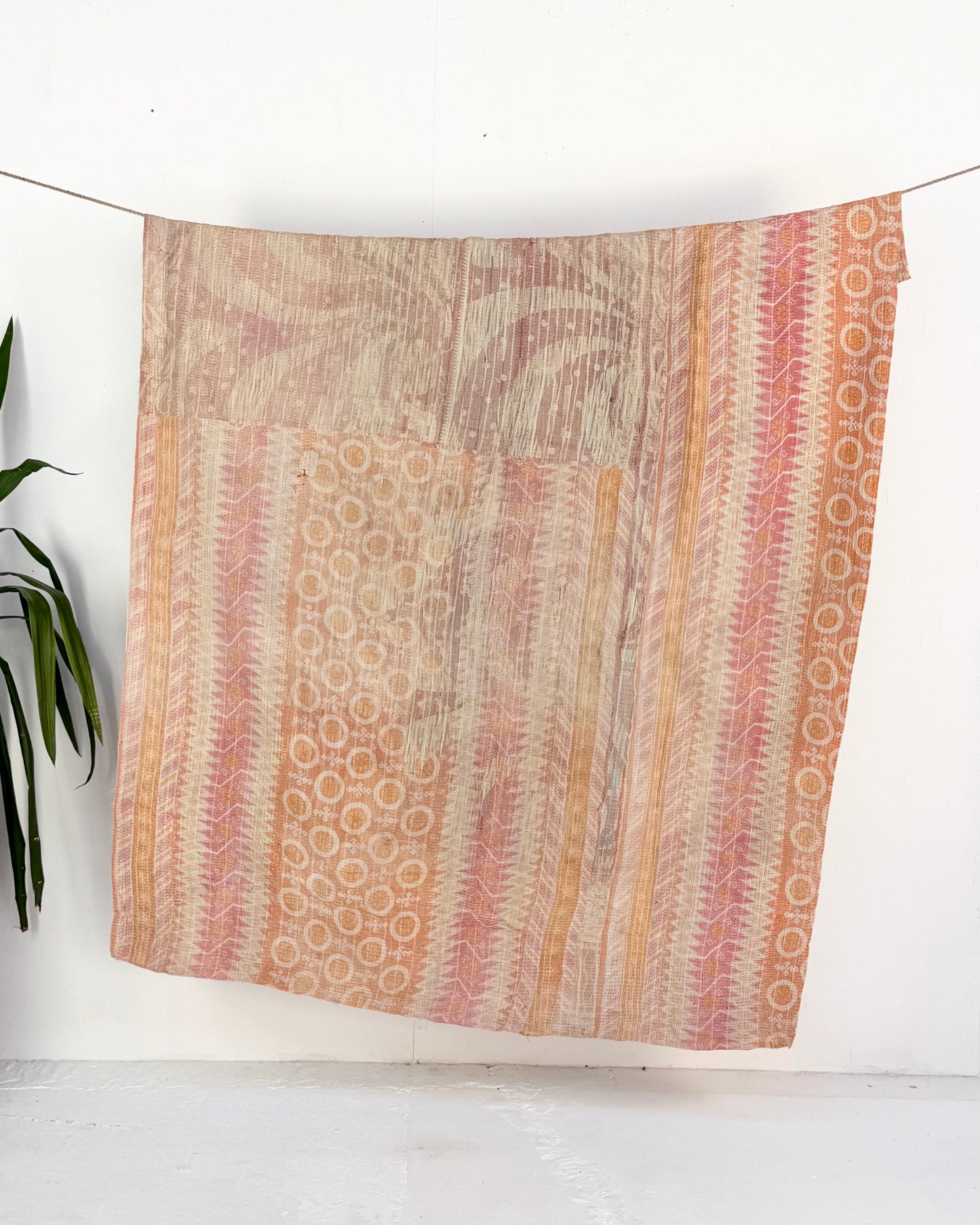 Textured Vintage Kantha Quilt In Pink and Yellow