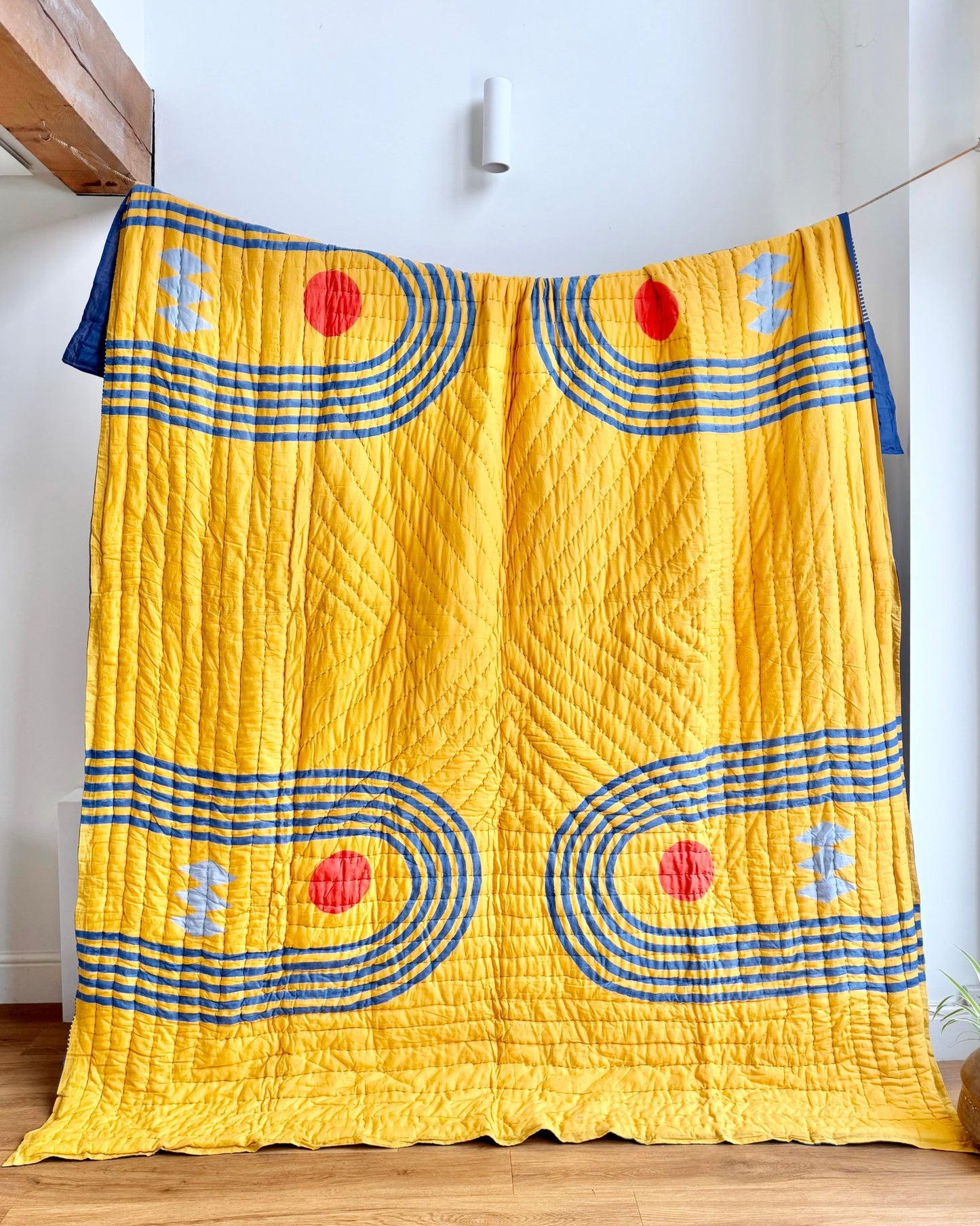 Quilted Kantha In Blue and Yellow With Geometric Patterns - SUPER KING - Biggs & Hill
