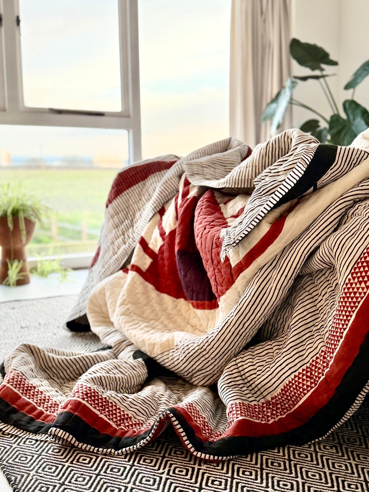 Quilted Kantha With Sun Pattern In Black, White and Red - KING - Biggs & Hill