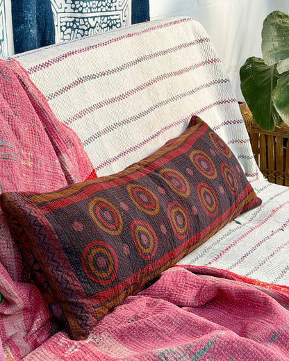 Vintage Kantha Bolster Cushion Cover In Deep Burgundy - 80cm